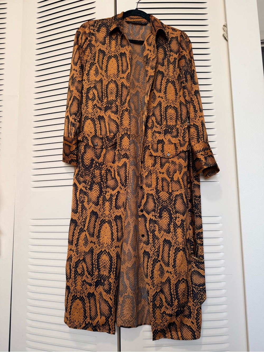 Zara Brown and Black Snake-Print Long Sleeve Belted Dress
